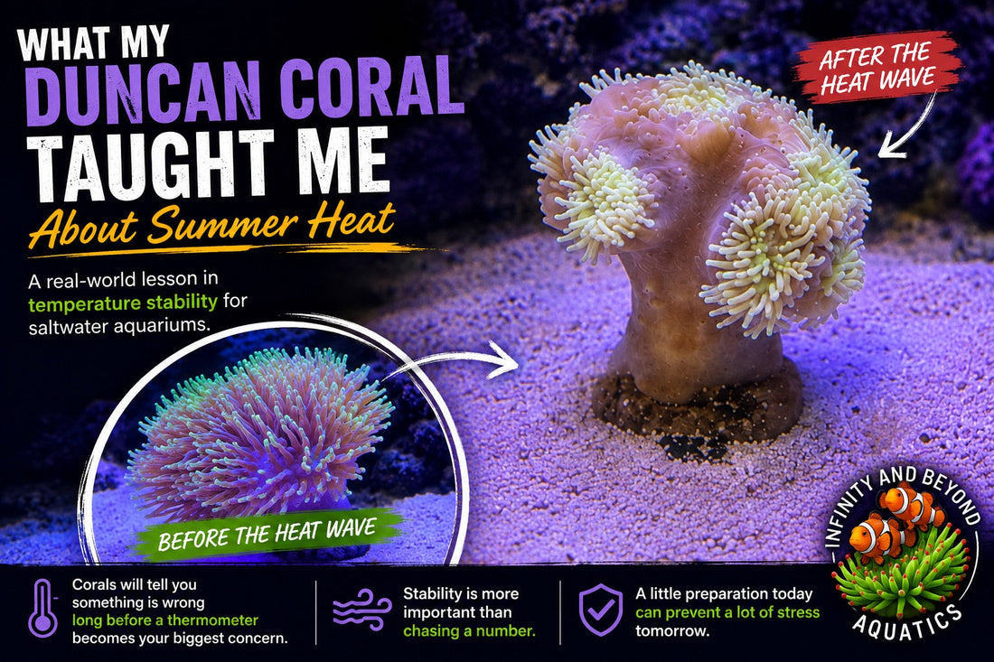 Blog header comparing a Duncan coral before and after a summer heat wave in a nano reef aquarium, illustrating how elevated water temperatures can stress corals and emphasizing the importance of temperature stability in saltwater aquariums.