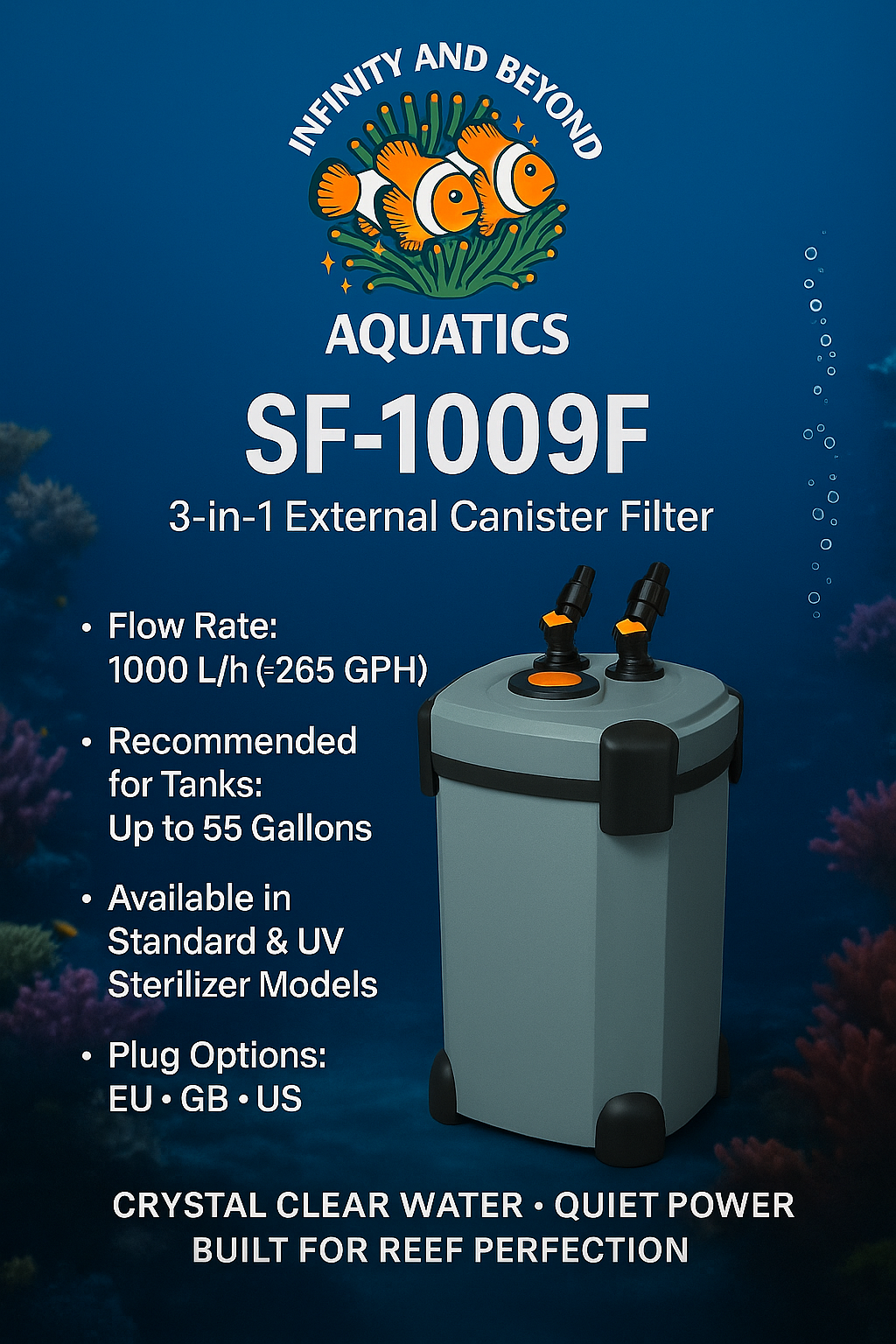 Infinity & Beyond Aquatics SF Series 3 In 1 External Canister Filter Available in Standard & UV Sterilzer Models