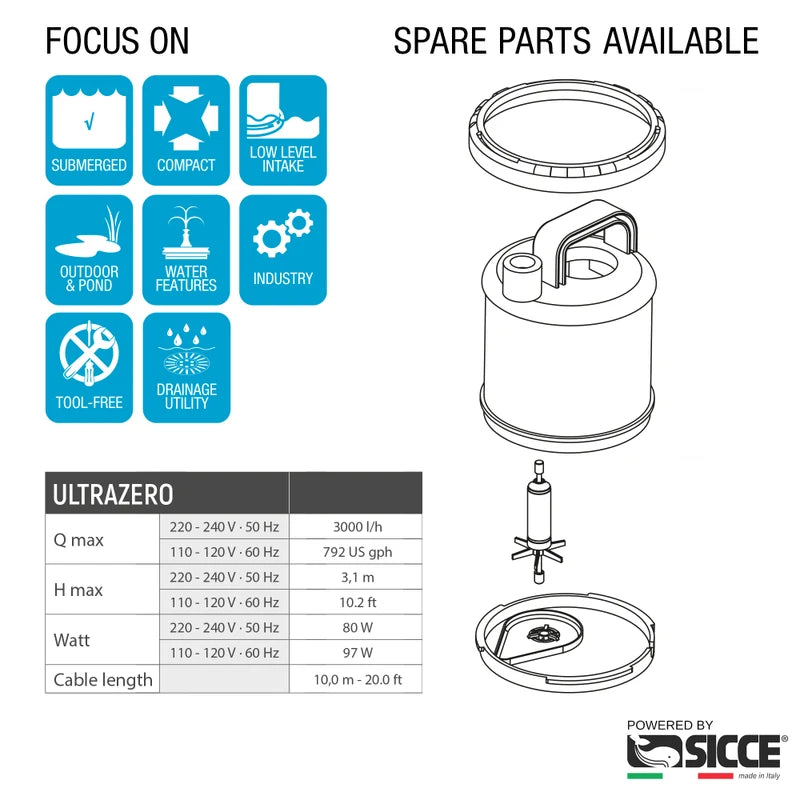 Sicce Ultra Zero Utility Pump – 793 GPH Aquarium Water Change & Mixing Pump