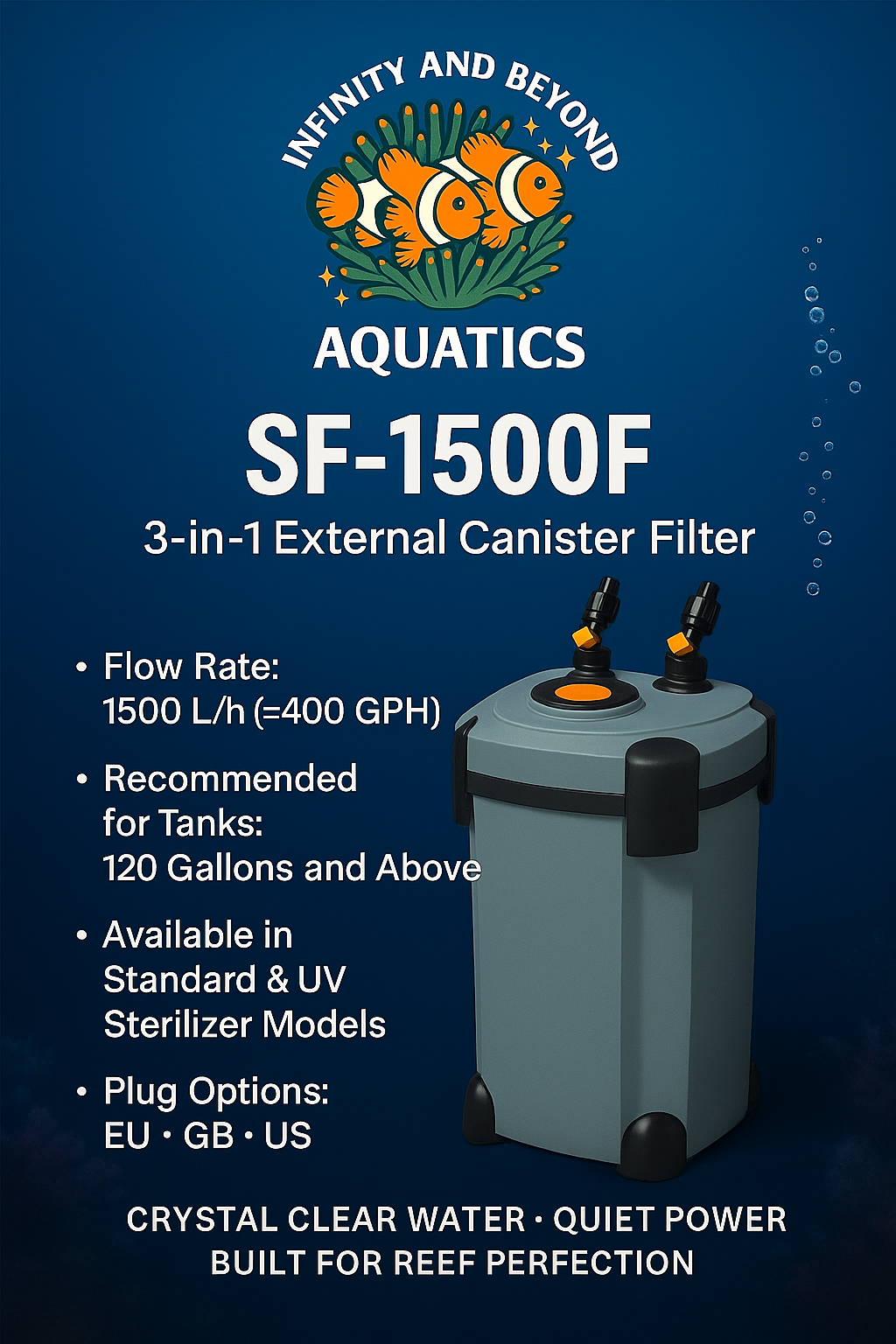 Infinity & Beyond Aquatics SF Series 3 In 1 External Canister Filter Available in Standard & UV Sterilzer Models