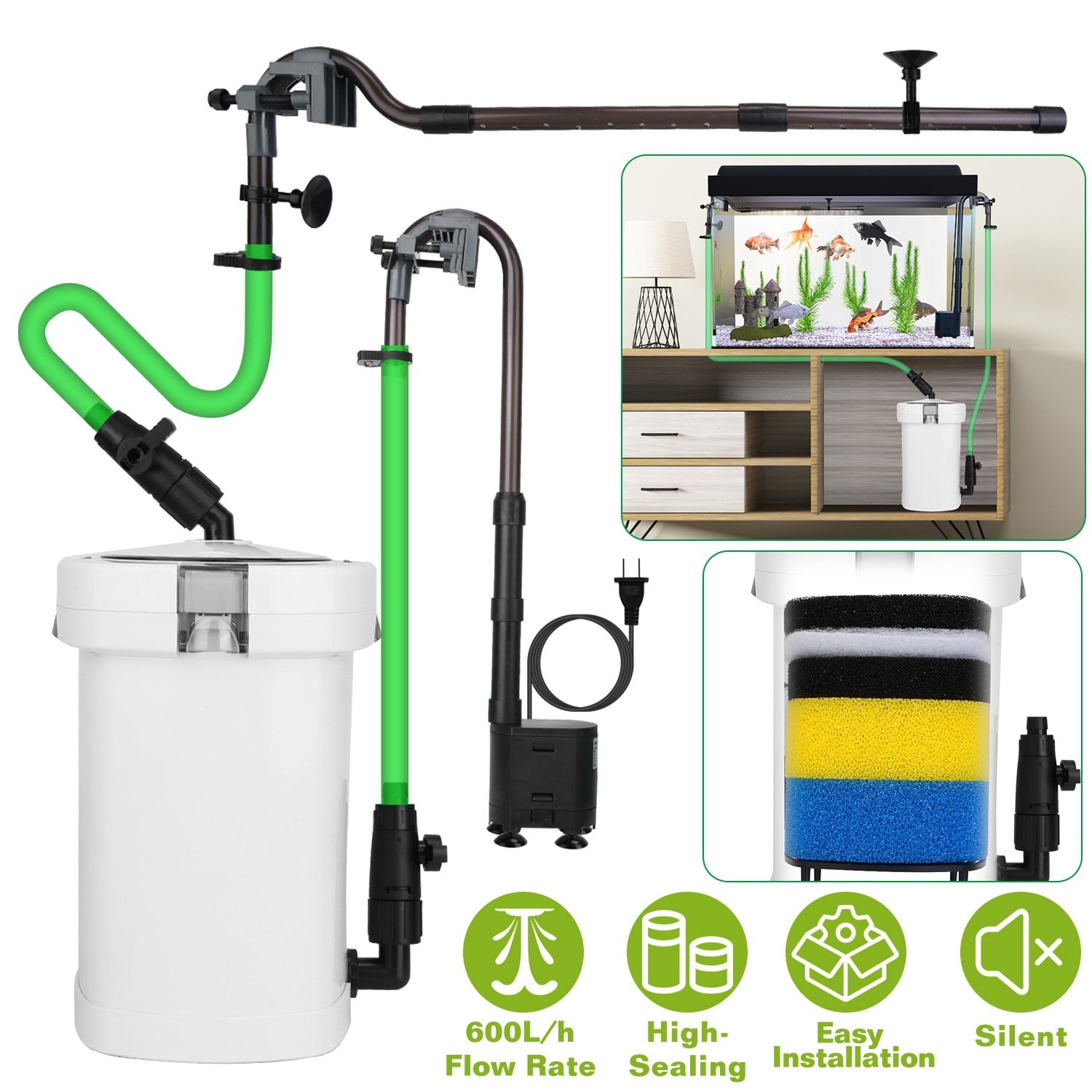3- Stage External Canister Filter- 600L/H (158 GPH) For Freshwater & Saltwater Aquariums (20-40 Gallons)