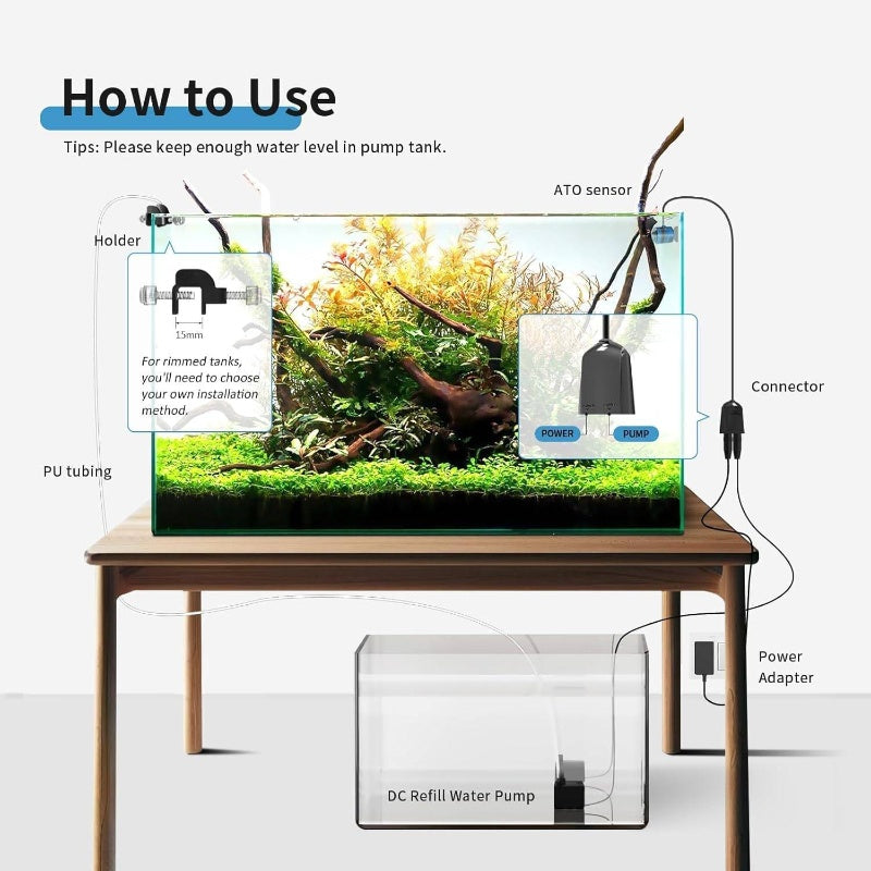 Aquarium ATO Auto Top Off Refilling System with Dual Optical Sensor - Automatic Tank Overflow Prevention, Easy Installation with Suction Cups/Hose Clamp, Battery-Powered (Non-) for All-in-One Aquarium Setup, Spill-Proof Design for Fish Tanks