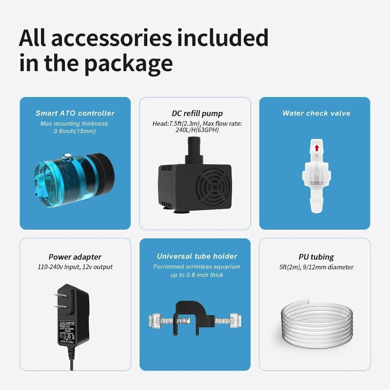 Aquarium ATO Auto Top Off Refilling System with Dual Optical Sensor - Automatic Tank Overflow Prevention, Easy Installation with Suction Cups/Hose Clamp, Battery-Powered (Non-) for All-in-One Aquarium Setup, Spill-Proof Design for Fish Tanks