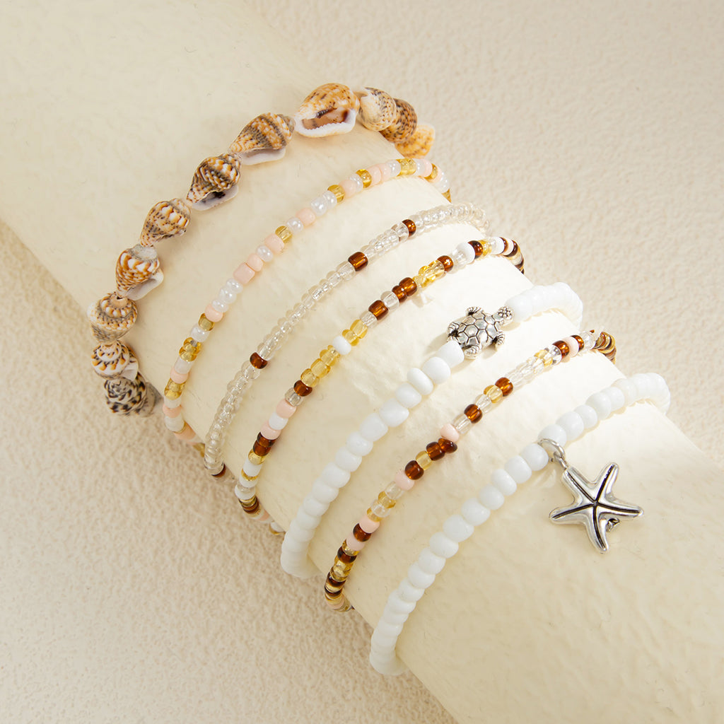Beach Starfish Pendant & Shell Anklet Set – 7-Piece Beaded Ocean-Inspired Jewelry (8.66″ Adjustable)