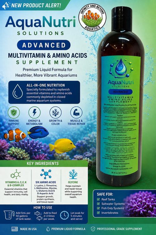 AquaNutri Solutions Advanced Multivitamin & Amino Acids Supplement 16 oz | Fish Vitamin Formula for Freshwater, Saltwater & Reef Aquariums