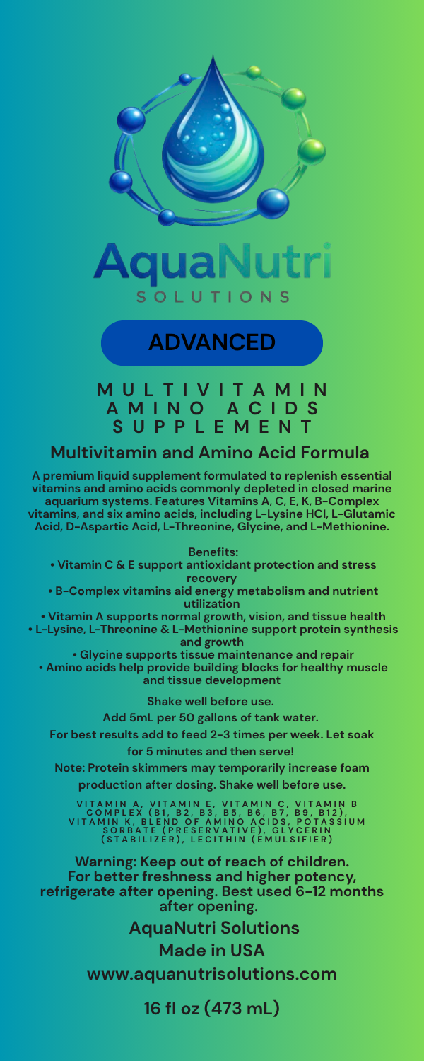 AquaNutri Solutions Advanced Multivitamin & Amino Acids Supplement 16 oz | Fish Vitamin Formula for Freshwater, Saltwater & Reef Aquariums