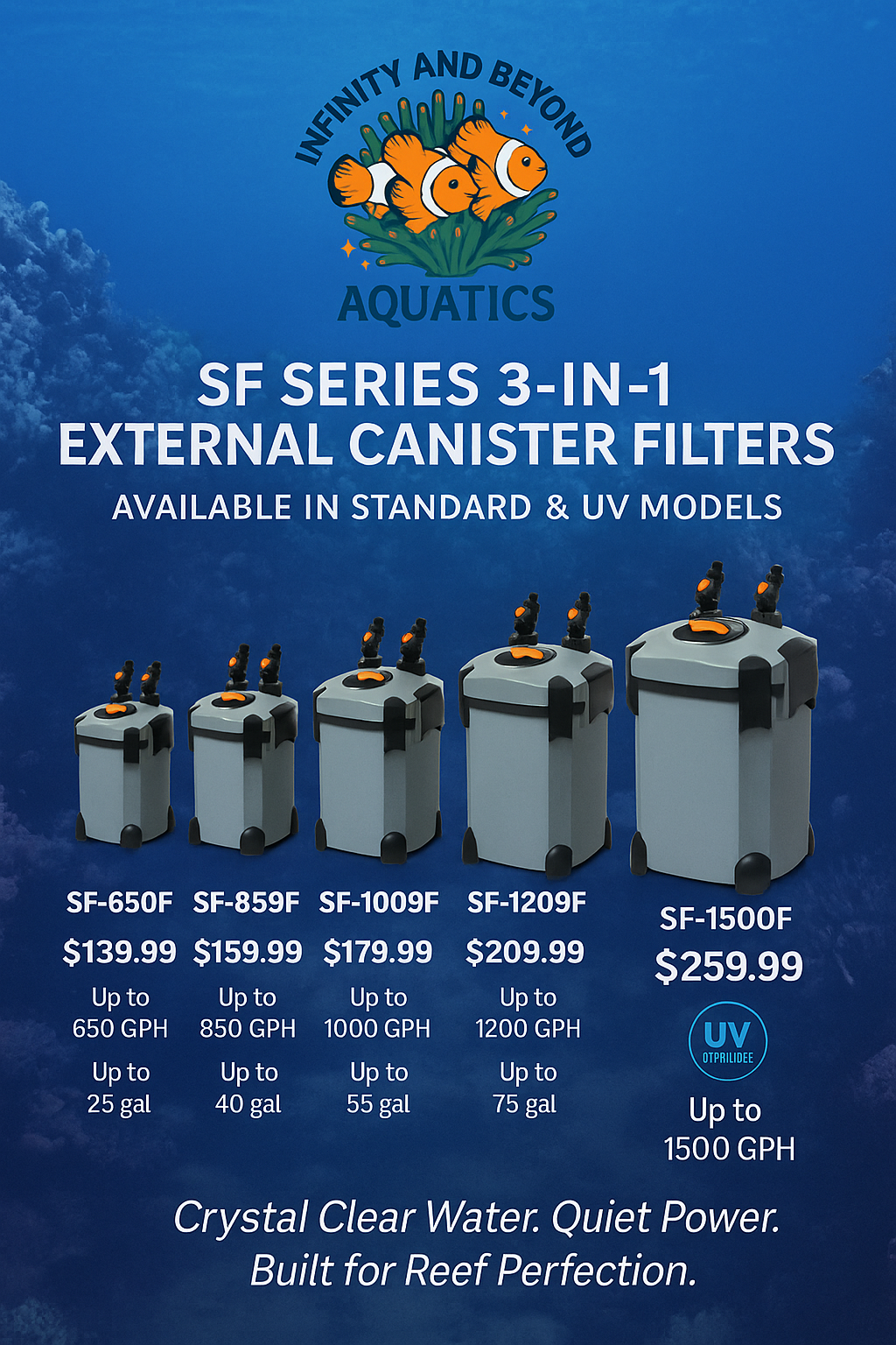 Infinity & Beyond Aquatics SF Series 3 In 1 External Canister Filter Available in Standard & UV Sterilzer Models