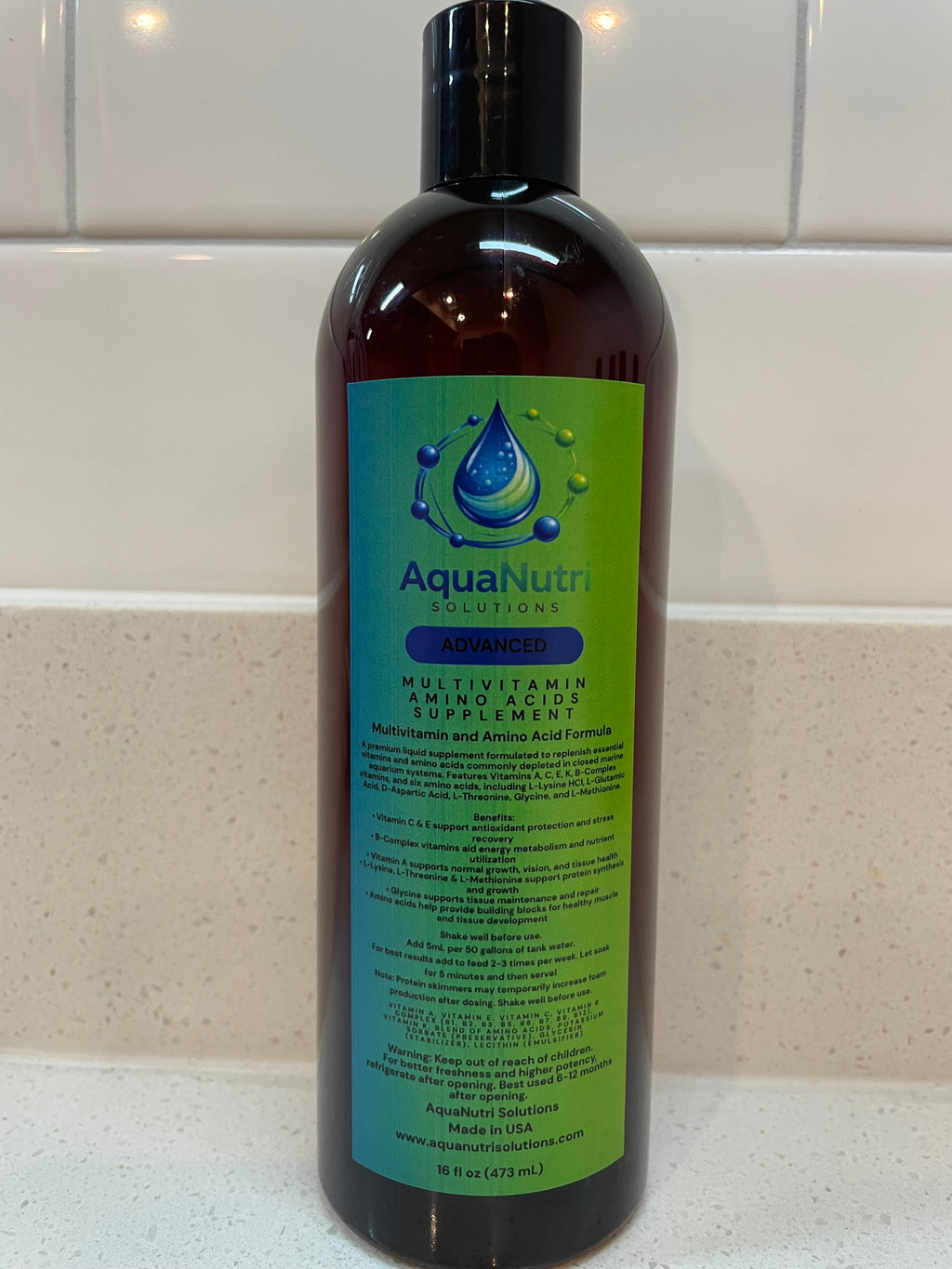 AquaNutri Solutions Advanced Multivitamin & Amino Acids Supplement 16 oz | Fish Vitamin Formula for Freshwater, Saltwater & Reef Aquariums