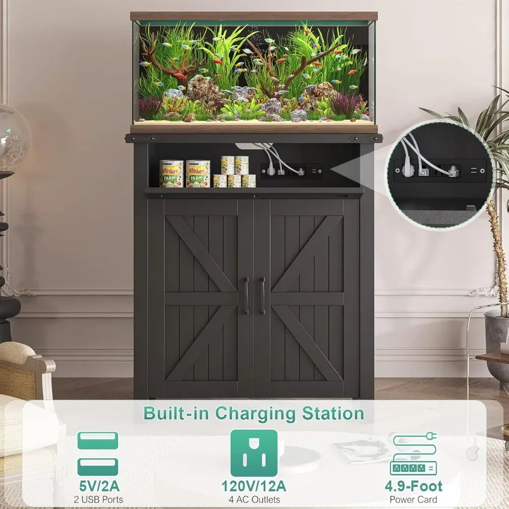 20-Gallon Aquarium Stand with Built-In Charging Station – Modern Farmhouse Design for Fish & Reptile Tanks (Black or White Finish)
