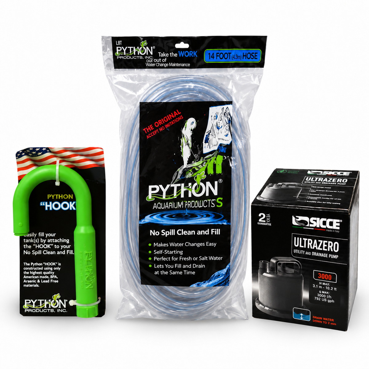 Infinity Water Change Bundle – Sicce Ultra Zero Pump, Python 20 ft. Hose & Aquarium Hook
