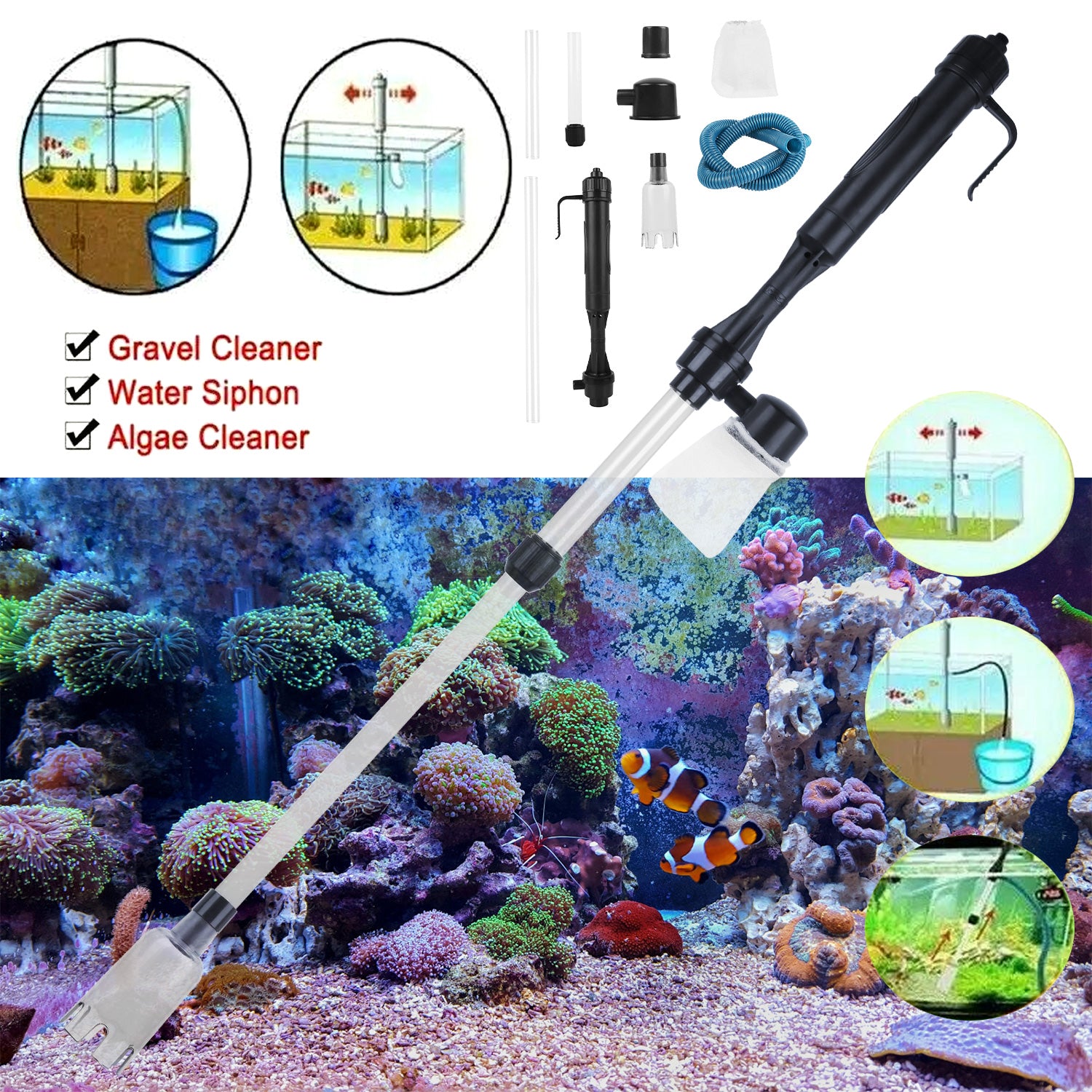 Infinity Essentials Battery-Powered Gravel Vacuum – Quick Clean Aquarium Siphon
