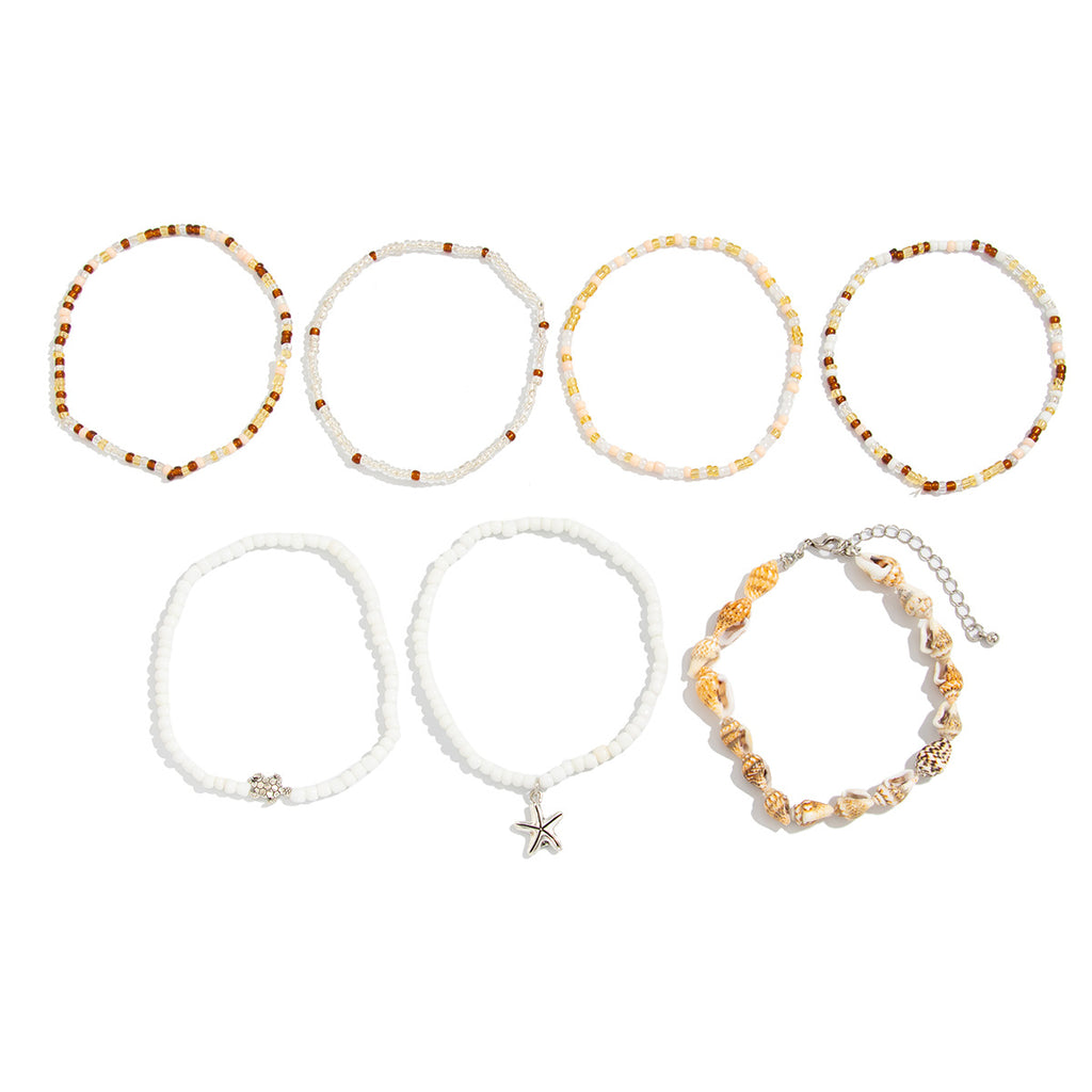 Beach Starfish Pendant & Shell Anklet Set – 7-Piece Beaded Ocean-Inspired Jewelry (8.66″ Adjustable)