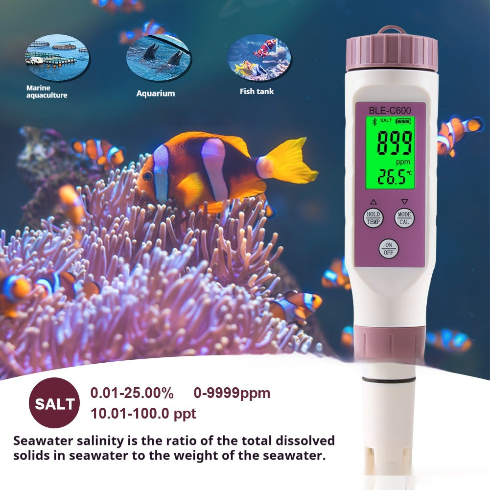 Bluetooth Version 7-in-1 Digital Water Quality Tester Salinity, pH, TDS, EC, Temperature & More For Aquarium or Reef Tanks