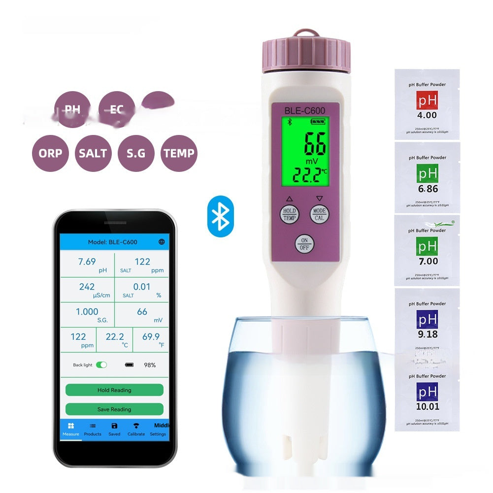 Bluetooth Version 7-in-1 Digital Water Quality Tester Salinity, pH, TDS, EC, Temperature & More For Aquarium or Reef Tanks