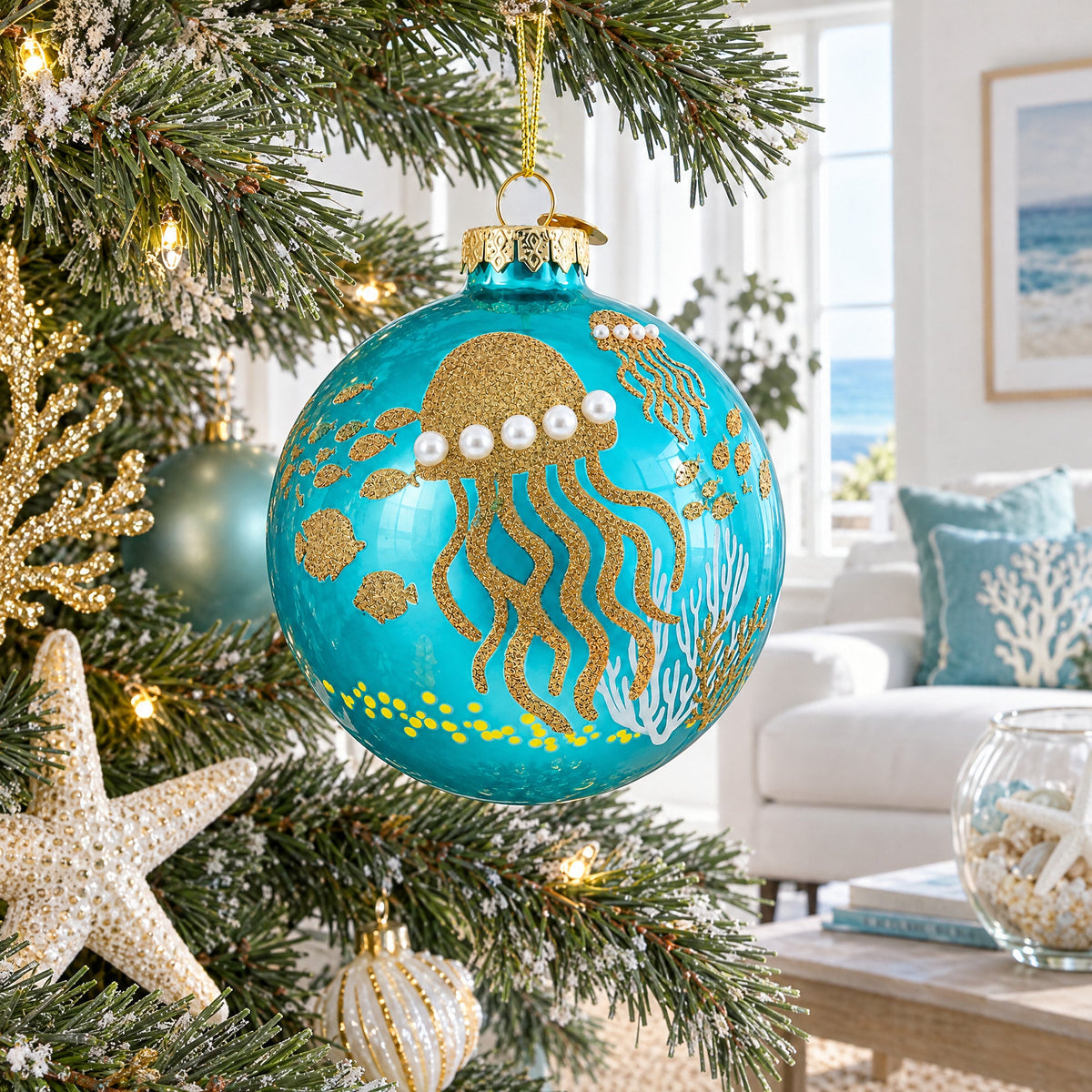Ocean Jellyfish and Coral Teal Glass Ball Christmas Ornament