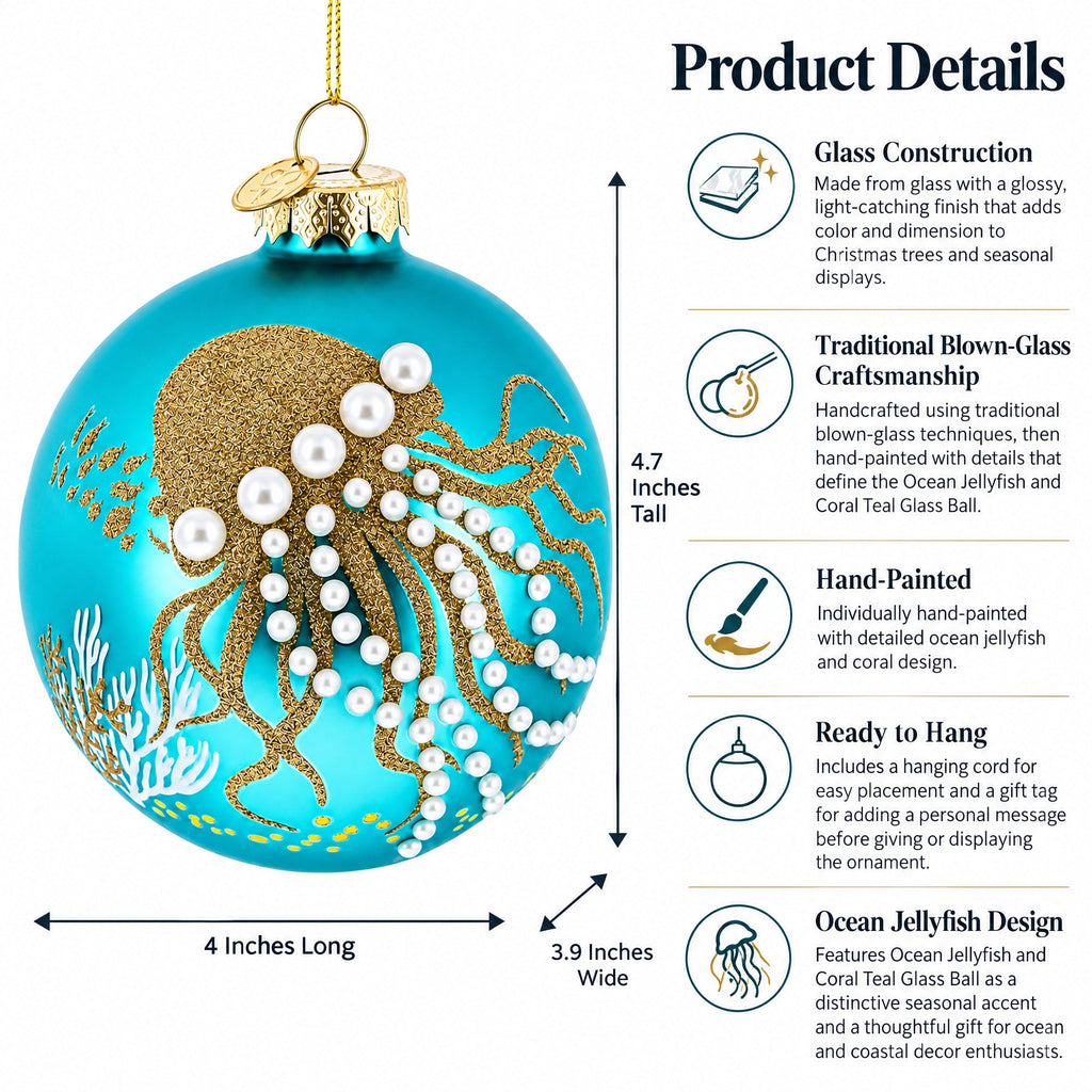 Ocean Jellyfish and Coral Teal Glass Ball Christmas Ornament
