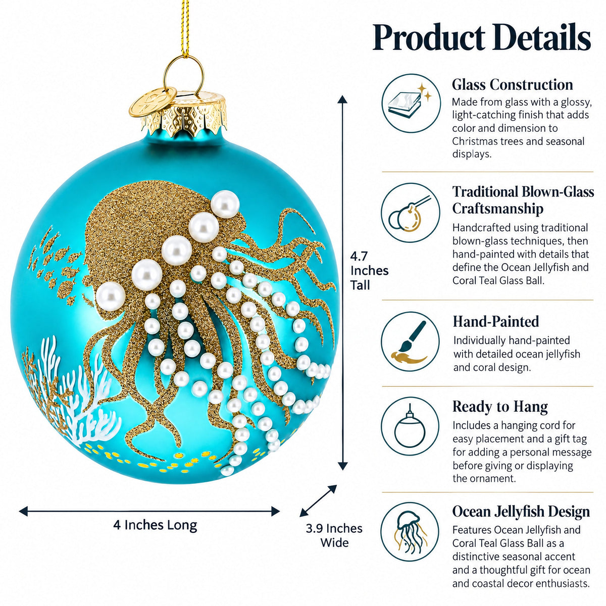 Ocean Jellyfish and Coral Teal Glass Ball Christmas Ornament