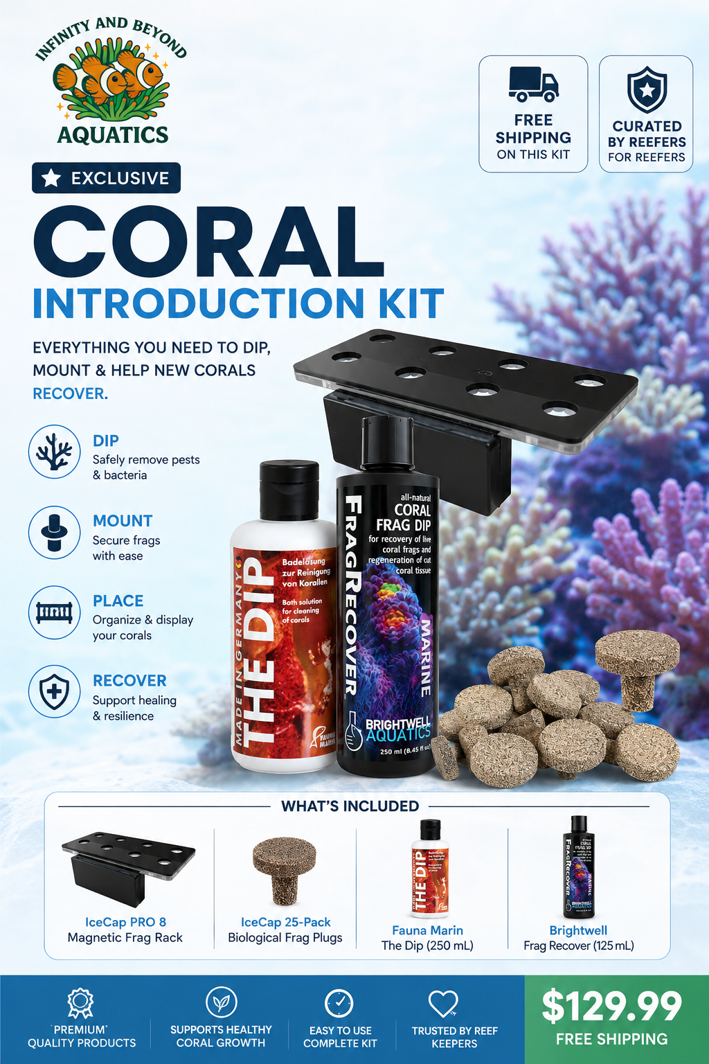 Infinity Coral Introduction Kit | Dip, Frag Rack & Coral Recovery Bundle