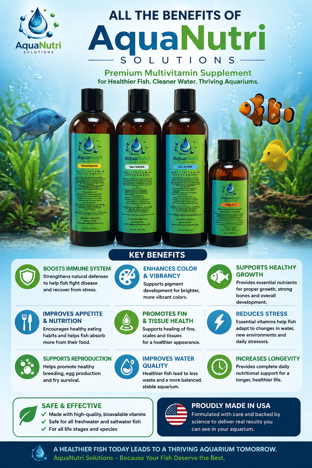 AquaNutri All In One Multivitamin Supplement 16 oz for Freshwater and Saltwater Aquariums
