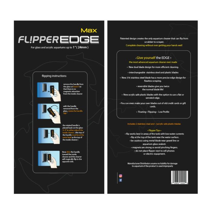 Flipper Edge MAX Magnetic Aquarium Cleaner (2 in 1 Scrubber & Scraper, Up to 1” Glass/Acrylic)