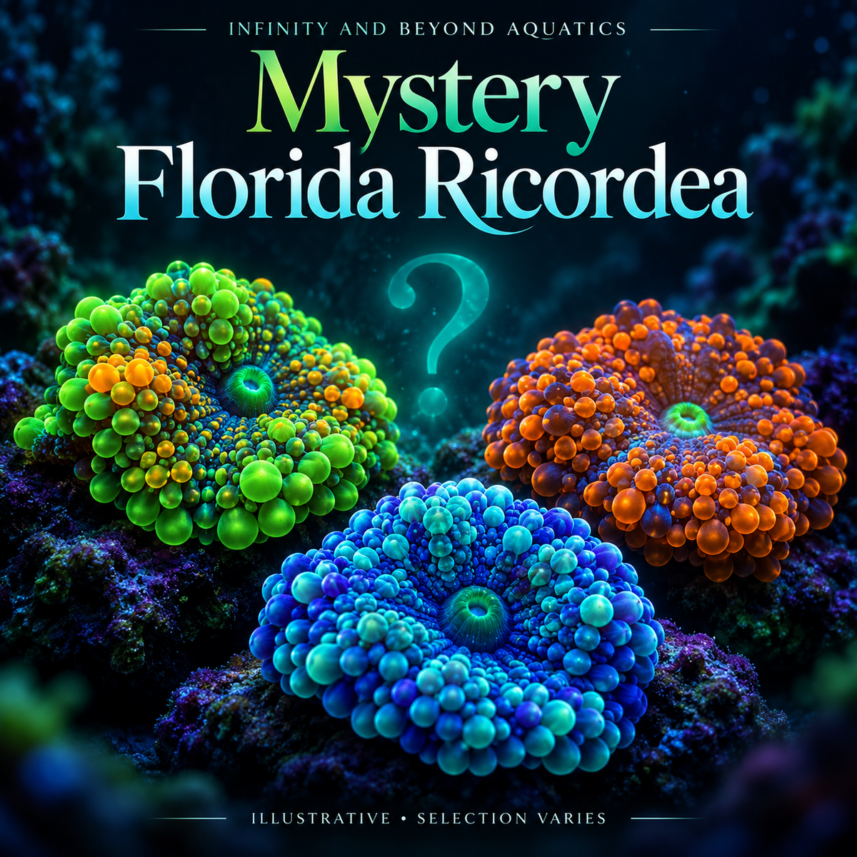Mystery 5-Pack Florida Ricordea Mushroom Corals – ¾" to 1"+ — IBA illustrative artwork; selection varies