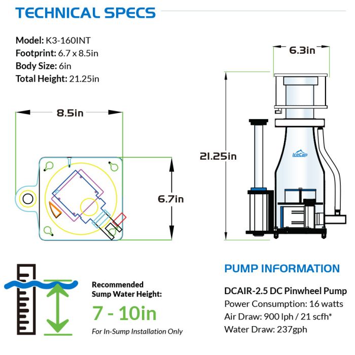 IceCap K3-160 INT In-Sump Protein Skimmer | Up to 160 Gallons