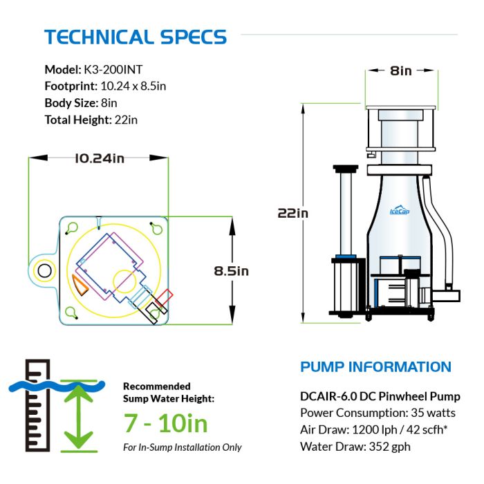 IceCap K3-200 INT In-Sump Protein Skimmer | Up to 265 Gallons