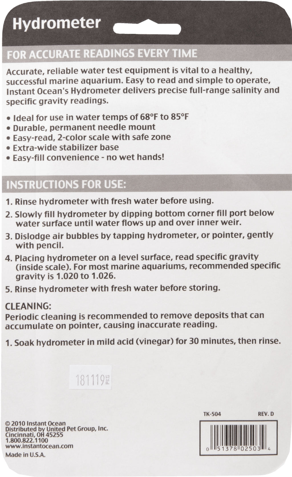 Instant Ocean Full Range Hydrometer Accurate Salinity Testing for Saltwater Aquariums