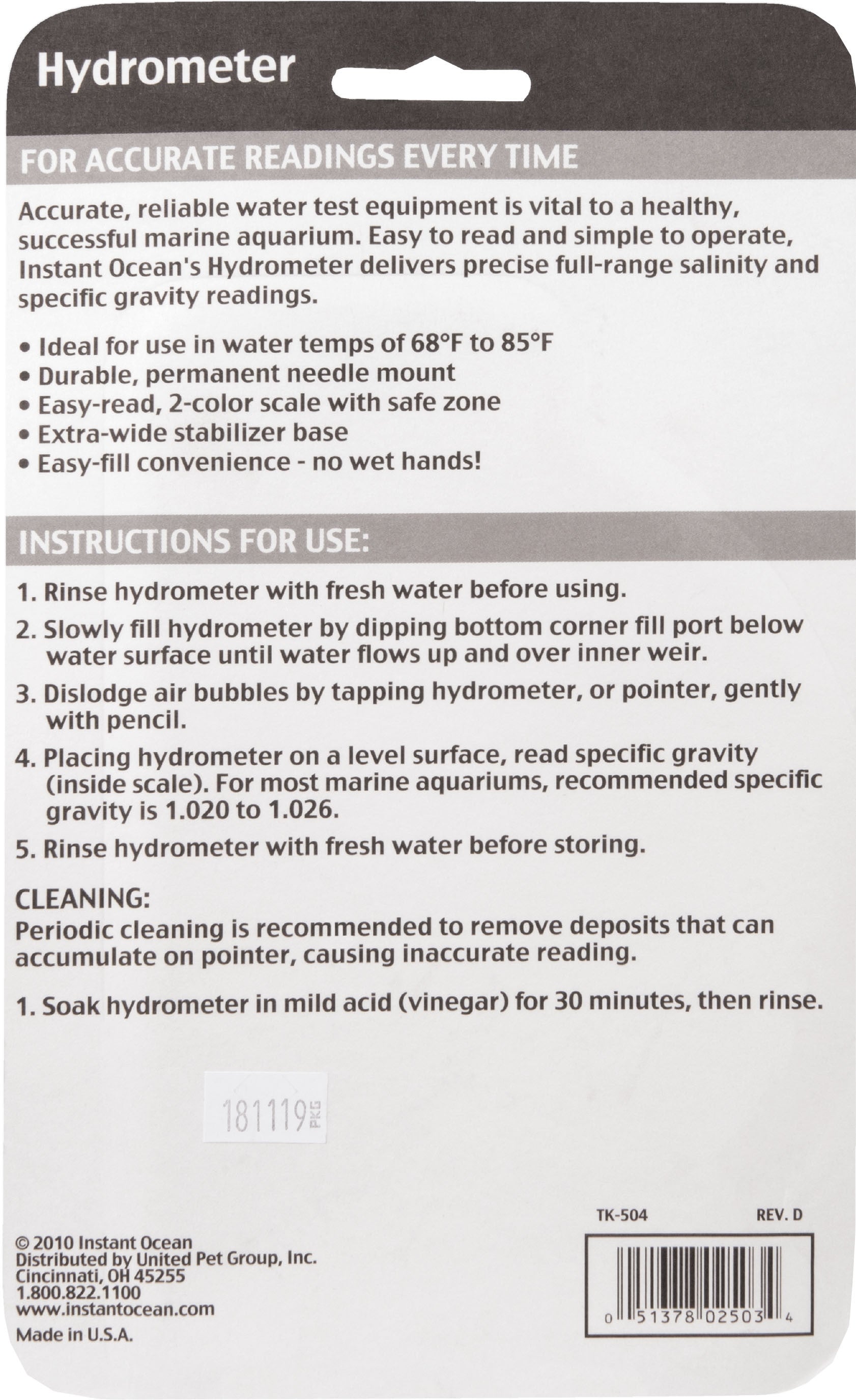 Instant Ocean Full Range Hydrometer Accurate Salinity Testing for Saltwater Aquariums