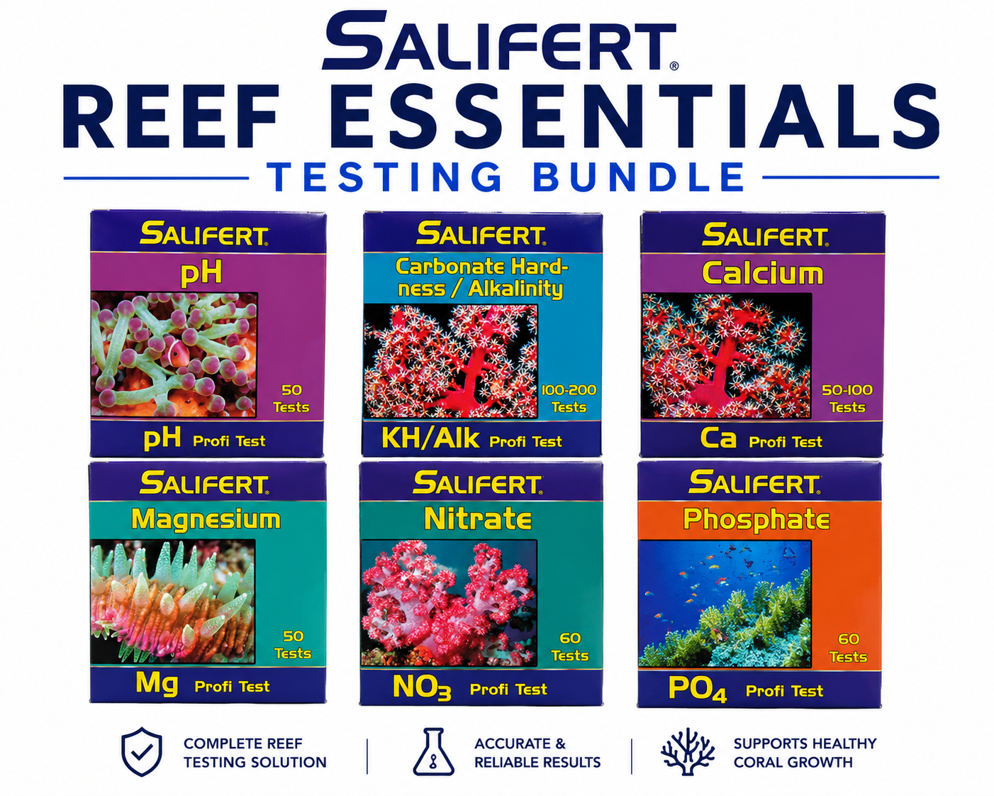 Salifert Reef Essentials Testing Bundle – pH, KH, Calcium, Magnesium, Nitrate & Phosphate