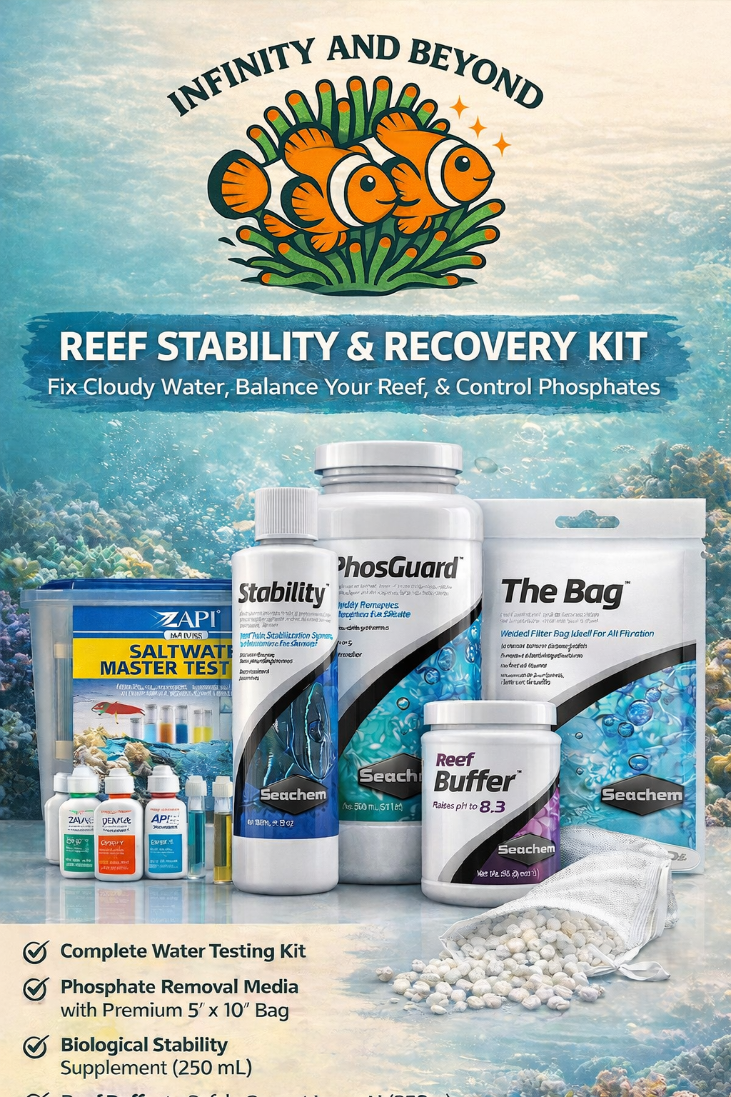 Reef Stability & Recovery Kit – Complete Water Testing, pH Balance & Phosphate Control System (Saltwater Aquariums)