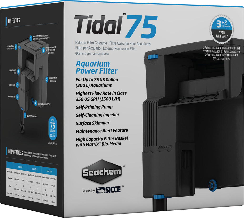 Seachem Tidal 75 Hang-On-Back Aquarium Filter – Self-Priming, Surface Skimmer, Adjustable Flow (Up to 75 Gallons)