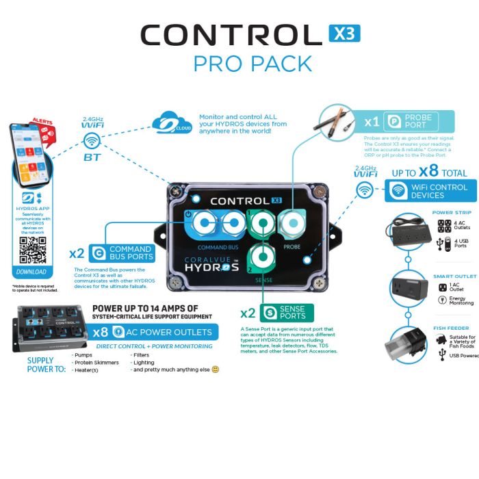 HYDROS Control X3 / XP8 Pro Pack Aquarium Controller System with pH Probe & Temp Sensor